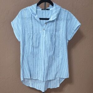 Doe & Rae Blue and White Striped Hoodie Top Short Sleeves Size S
